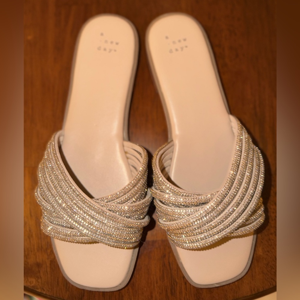 A New Day Embellished Rhinestones Cream Tan Slides Elegant Sandals